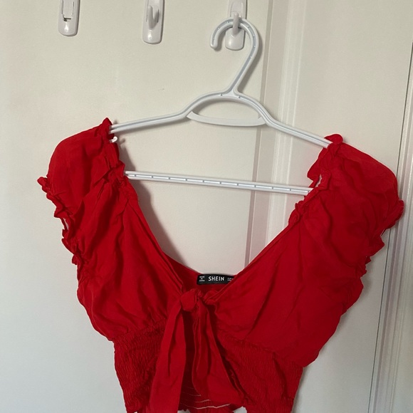 Red Cropped Tie-front Shirt - Picture 2 of 3